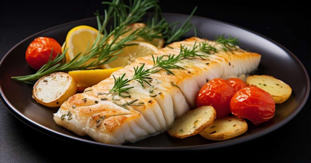 Prato de bacalhau assado com ervas frescas, alho e azeite, servido em um jantar de Páscoa.