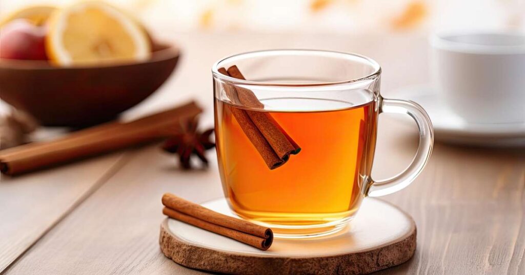 Uma xícara de chá de canela com um pau de canela ao lado