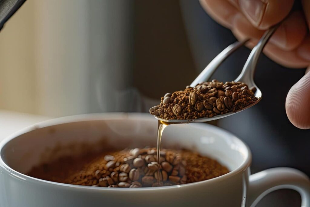 Uma xícara de café fumegante ao lado de grãos de café e folhas de chá, simbolizando a cafeína e sua relação com o emagrecimento.