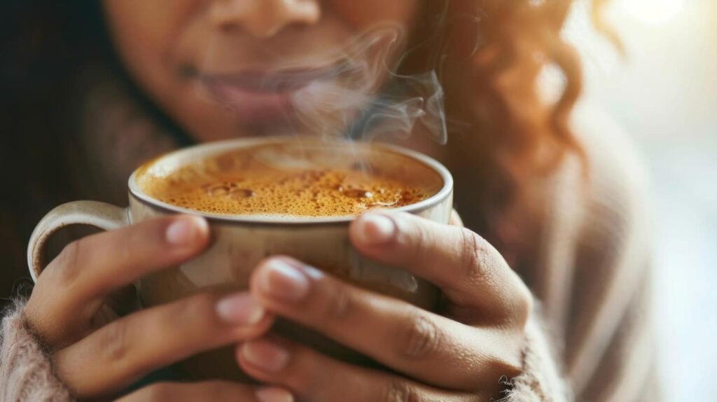 Copo de café expresso em uma mesa ao lado de halteres de musculação