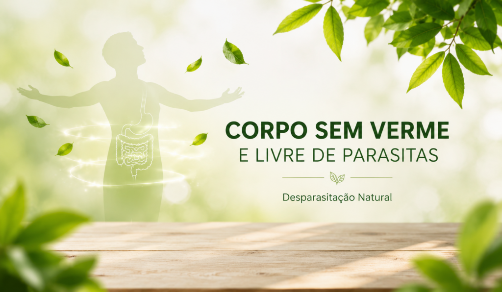 Ilustração clean sobre desparasitação natural com elementos da natureza representando um corpo sem vermes e livre de parasitas.