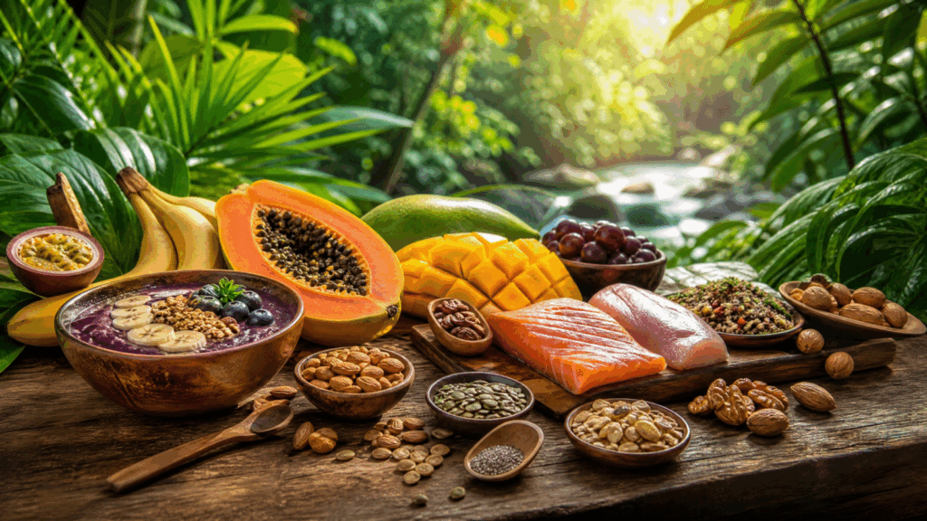 Prato colorido com alimentos naturais da dieta da selva, incluindo frutas, vegetais e proteínas magras.