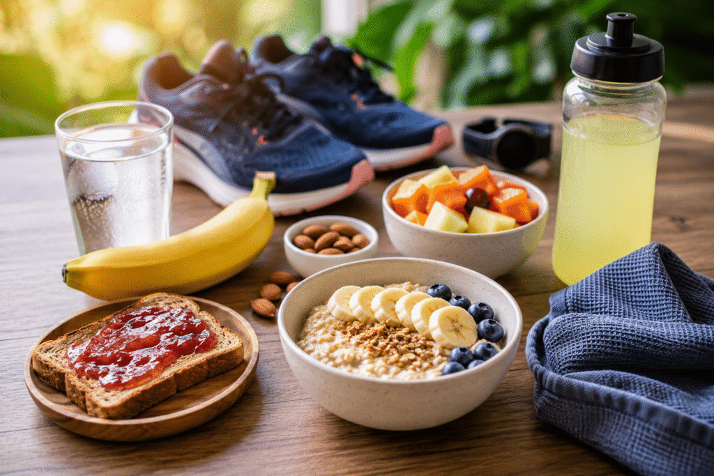 Alimentos saudáveis para consumo pré-corrida, incluindo banana, aveia e pão com geleia.